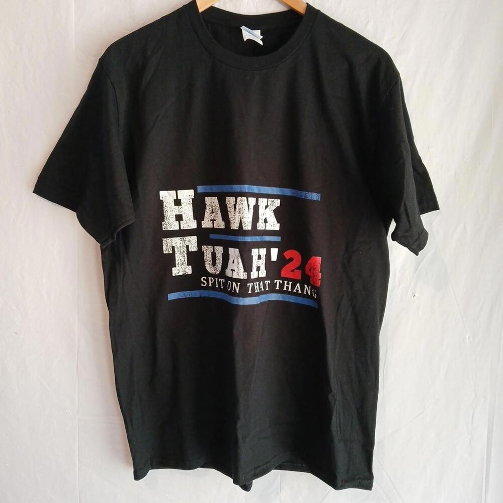Hawk Tuah '24 Black T-shirt Size Large Funny Fake Election‎ NWOT!